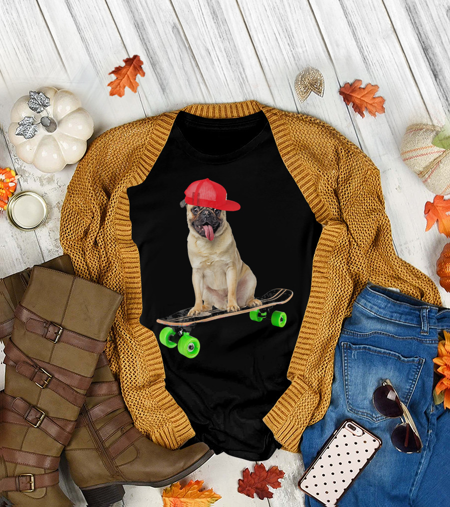 Pug Dog Skateboarding Skater with Red Cap on Skateboard T-Shirt