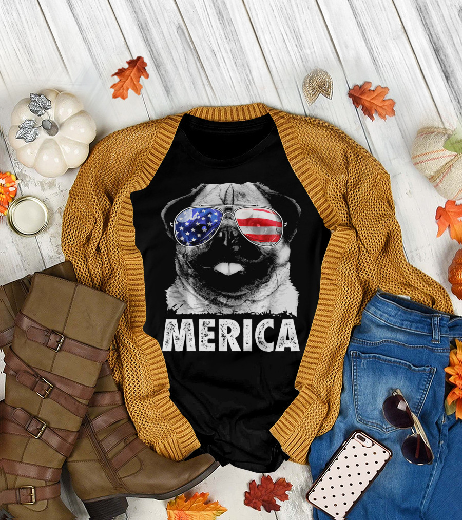 Pug Merica Patriotic American Flag Sunglasses 4th of July T-Shirt