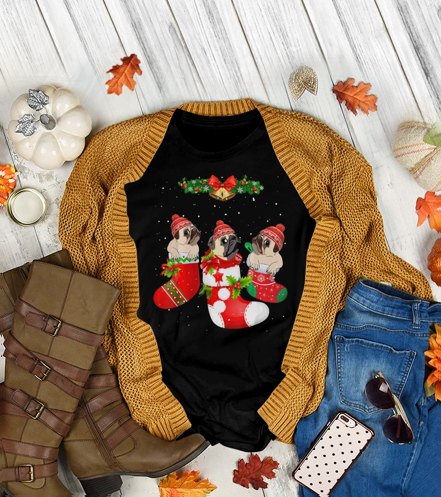 Pug Dog Trio in Festive Christmas Socks with Santa Hats and Holly Garland T-Shirt