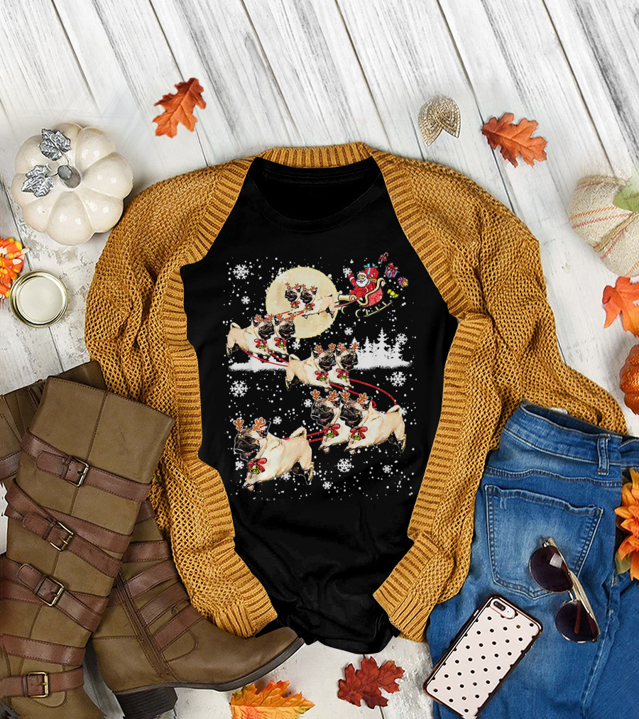 Pug Reindeer Christmas Santa Sled with Dogs and Snowflakes T-Shirt
