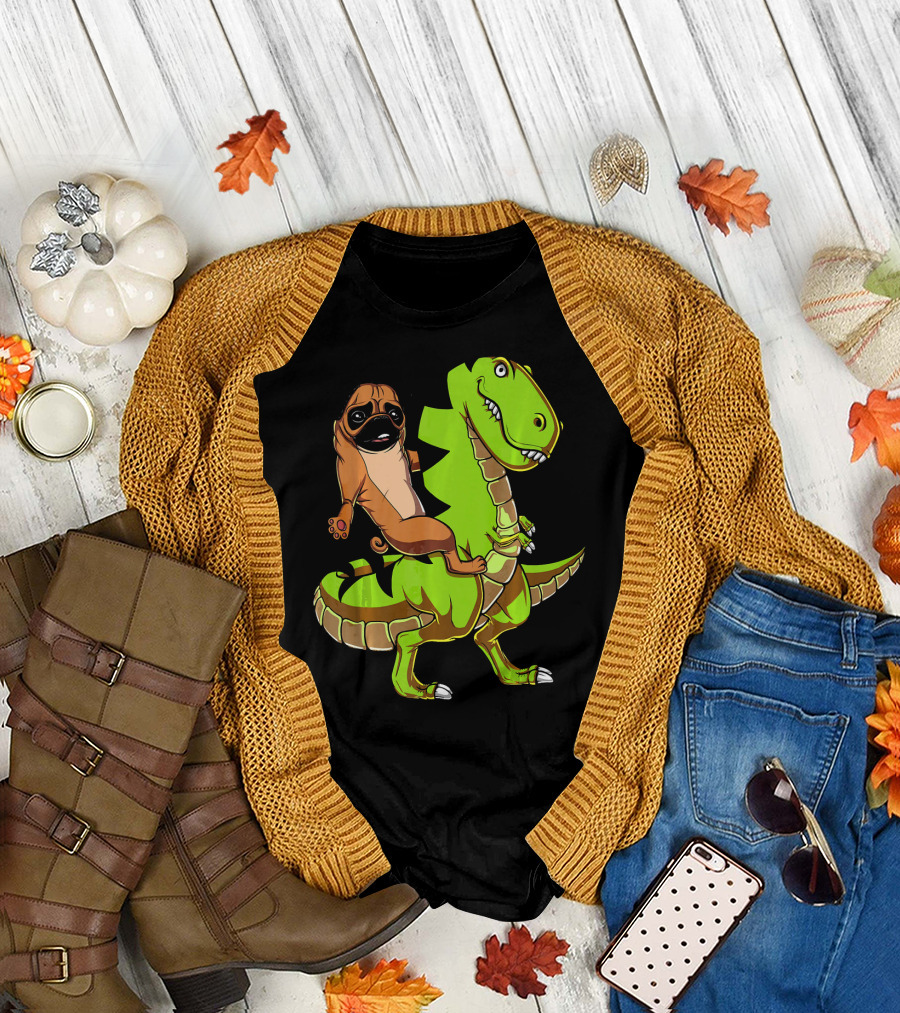 Pug Dog Riding Green T-Rex Dinosaur T-Shirt