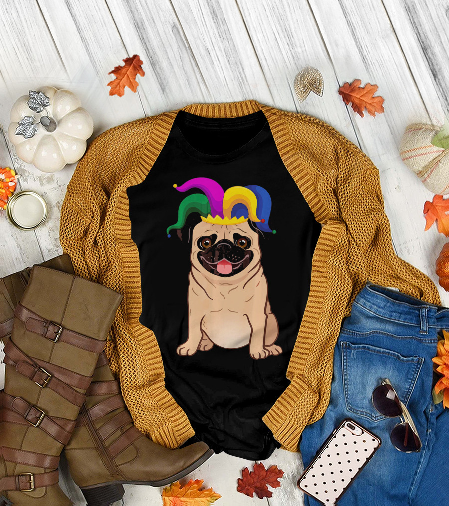 Pug Dog with Colorful Jester Hat for Mardi Gras T-Shirt