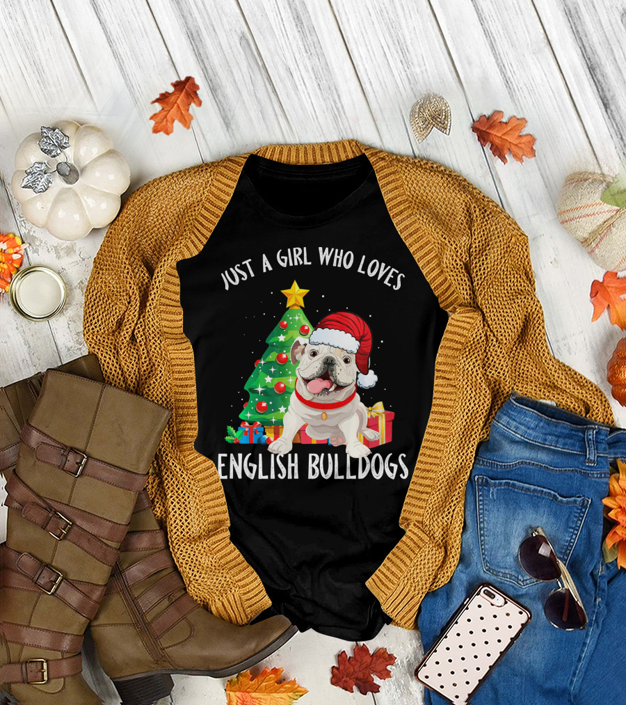 Just a Girl Who Loves English Bulldogs Christmas Santa Hat and Tree T-Shirt