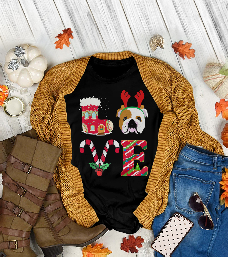 I Love My English Bulldog Christmas Reindeer Candy Cane Decor T-Shirt