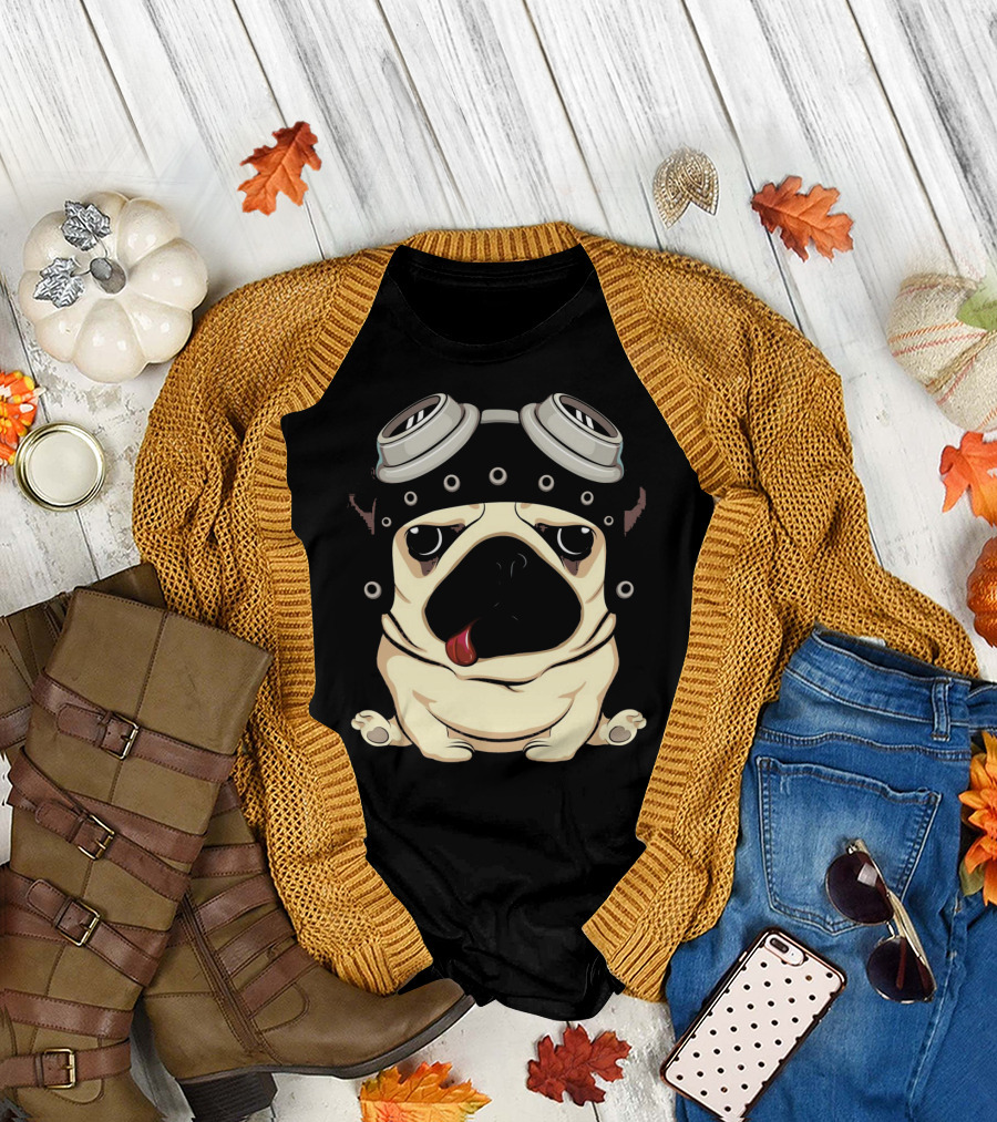 Pug Dog with Steampunk Aviator Goggles and Helmet T-Shirt