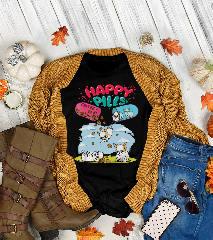 Happy Pills Coffee Chihuahua Dogs with Flying Beans and Cloudy Sky T-Shirt