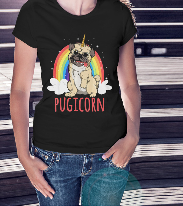 Pugicorn Pug Unicorn Rainbow With Clouds And Stars T-Shirt