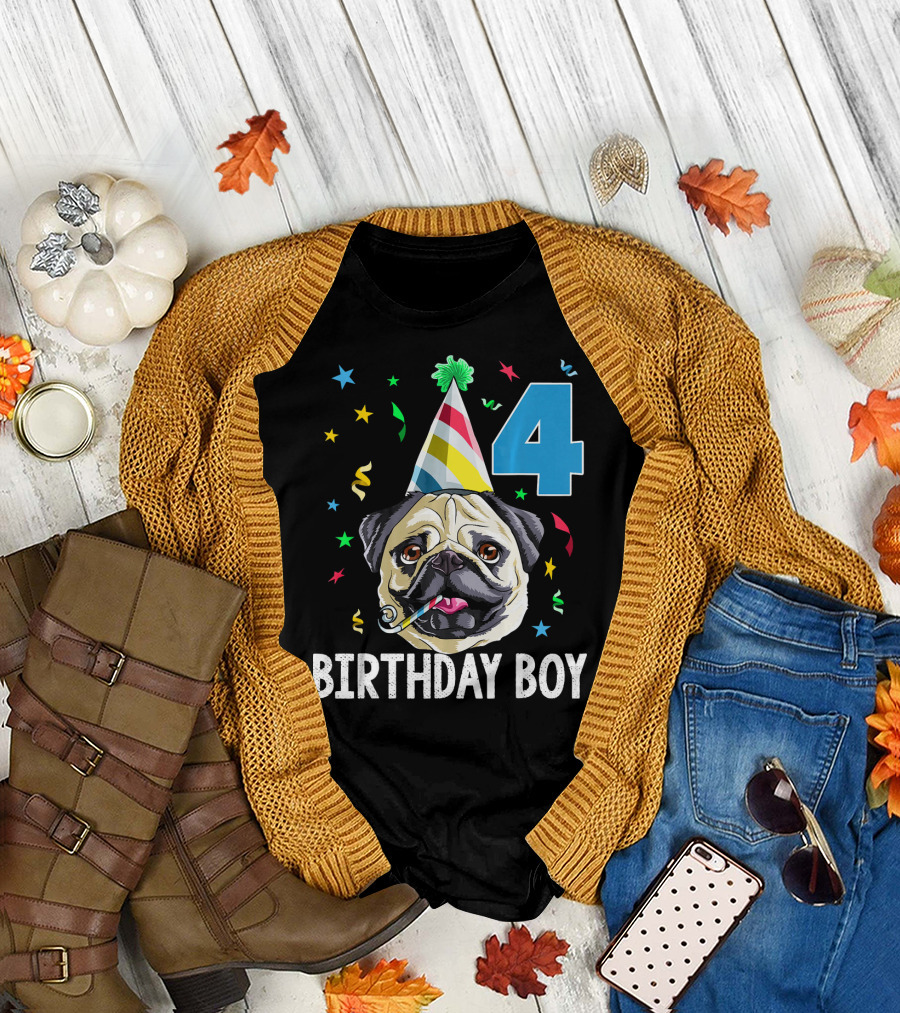 Birthday Boy Pug Wearing Party Hat 4th with Confetti T-Shirt