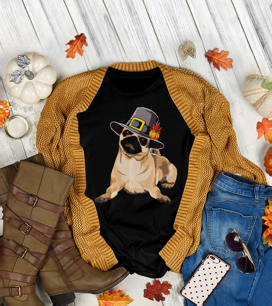 Pug Dog Pilgrim Hat Dog Lover Thanksgiving Happy T-Shirt