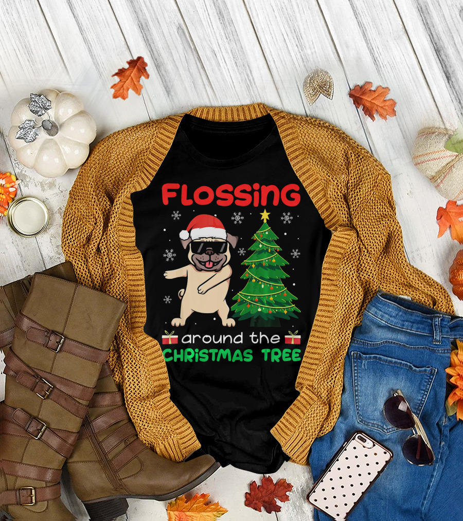 Flossing Pug Around the Christmas Tree with Santa Hat and Gifts T-Shirt