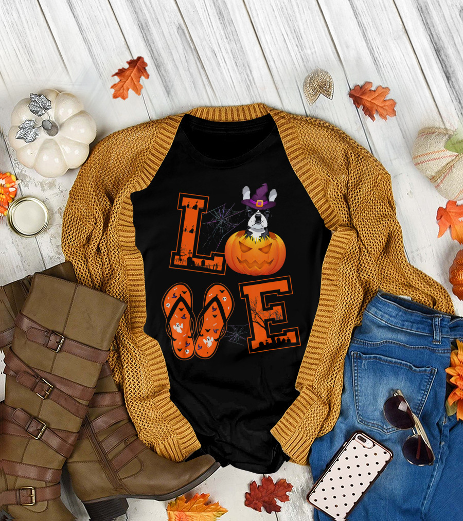 LOVE Halloween French Bulldog Pumpkin Jack-O'-Lantern T-Shirt