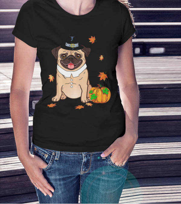 Pug Pilgrim Thanksgiving Costume With Pumpkin And Autumn Leaves T-Shirt