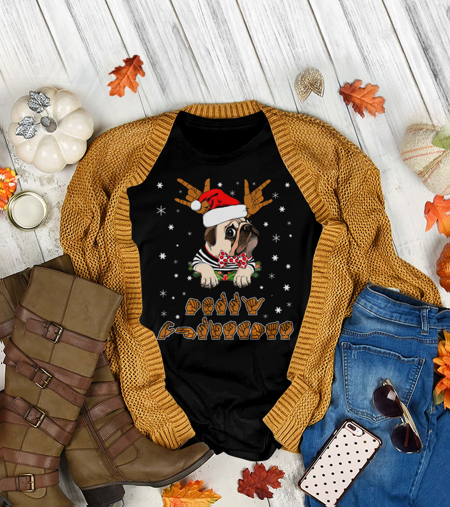 Pug Dog Christmas ASL Sign Language Deaf Snowflakes T-Shirt