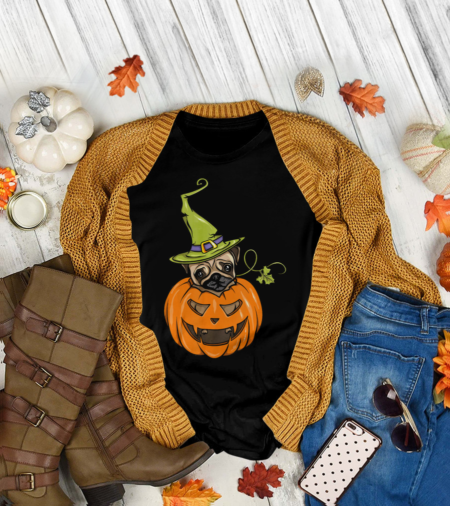 Halloween Pug Witch Pumpkin Costume Women T-Shirt
