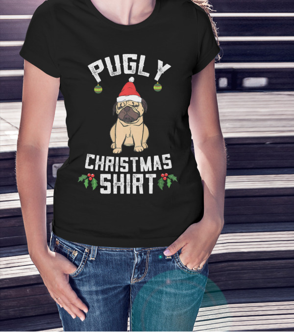 Pugly Christmas Shirt Ugly Pug Dog With Santa Hat And Holly T-Shirt