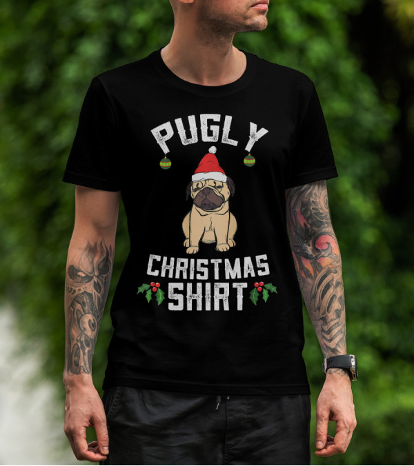 Pugly Christmas Shirt Ugly Pug Dog With Santa Hat And Holly T-Shirt