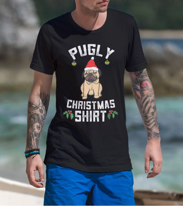 Pugly Christmas Shirt Ugly Pug Dog With Santa Hat And Holly T-Shirt