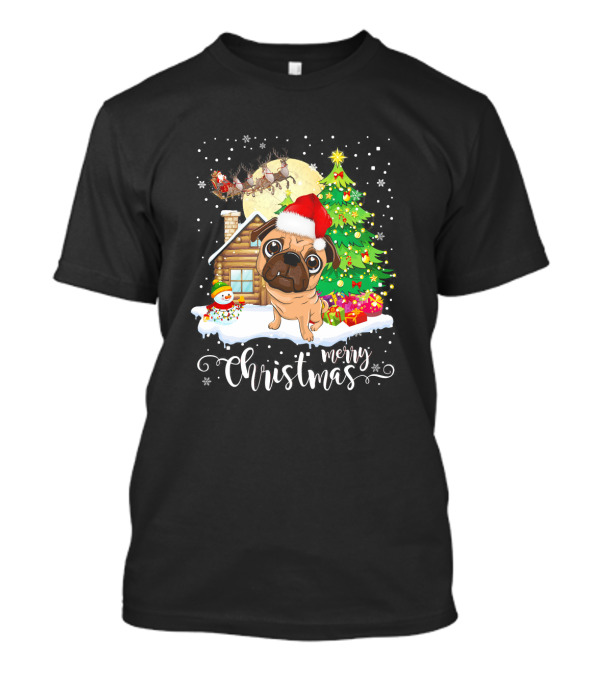 Merry Christmas Pug Santa Dog Lover Holiday Scene With Tree And Cabin T-Shirt