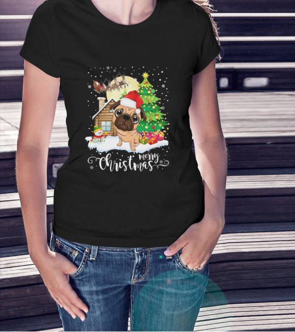 Merry Christmas Pug Santa Dog Lover Holiday Scene With Tree And Cabin T-Shirt