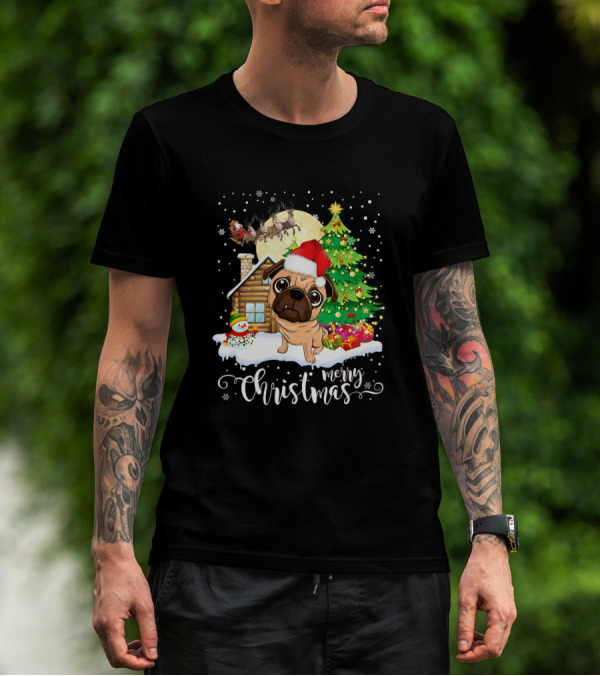 Merry Christmas Pug Santa Dog Lover Holiday Scene With Tree And Cabin T-Shirt