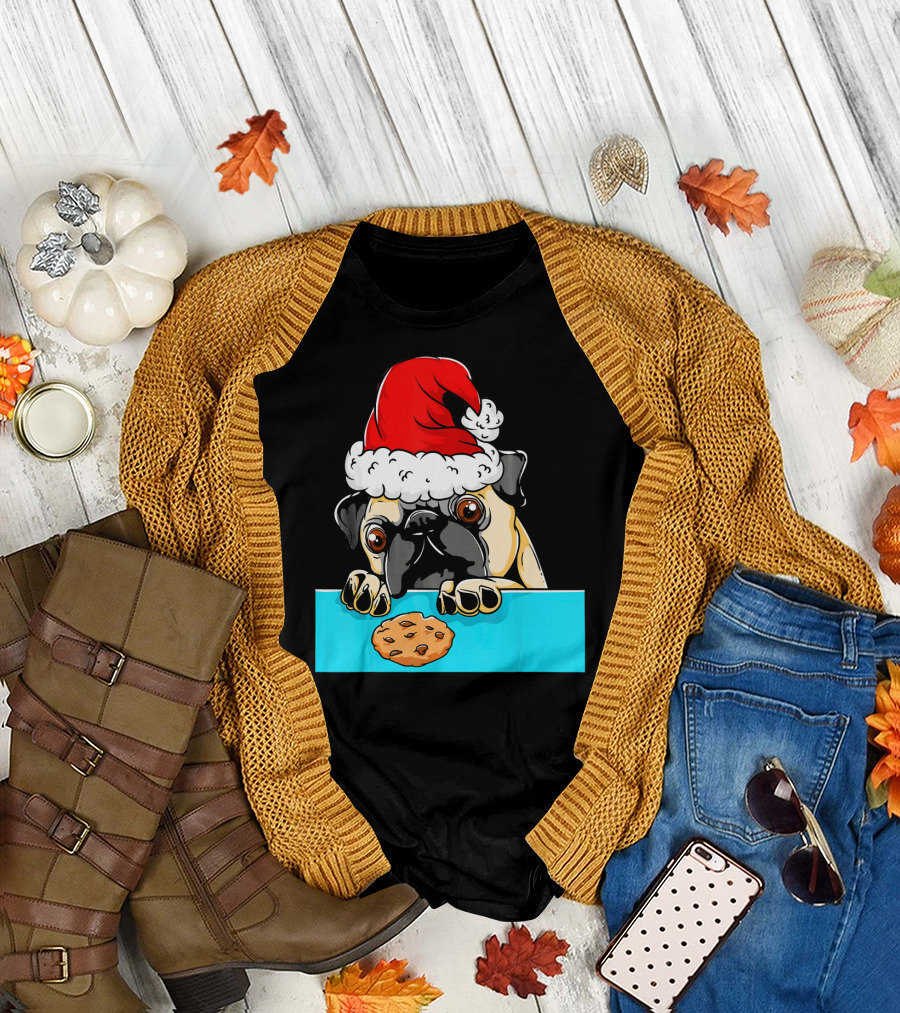 Pug Dog with Santa Claus Hat Looking at Cookie Funny Chris T-Shirt
