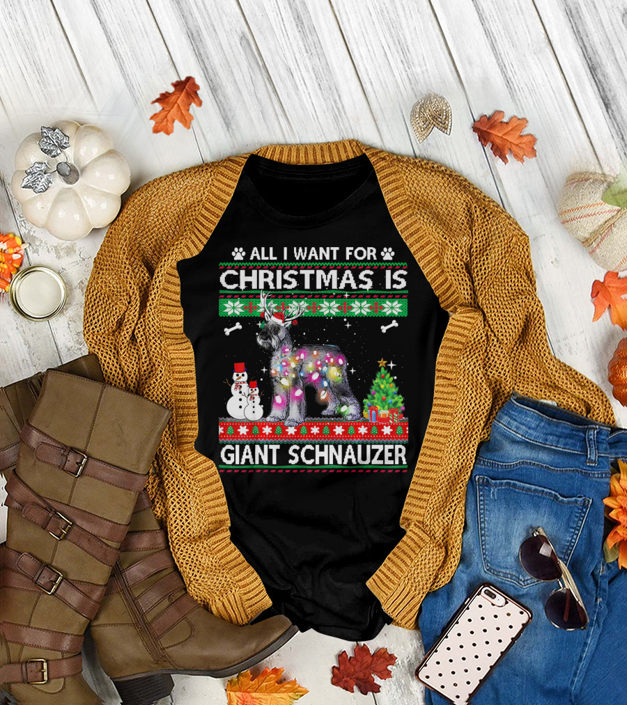 All I Want For Christmas Is Giant Schnauzer Christmas Dog Lights Snowman Tree T-Shirt