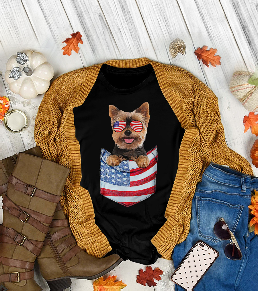 Yorkshire Terrier Yorkie in American Flag Pocket with Sunglasses T-Shirt