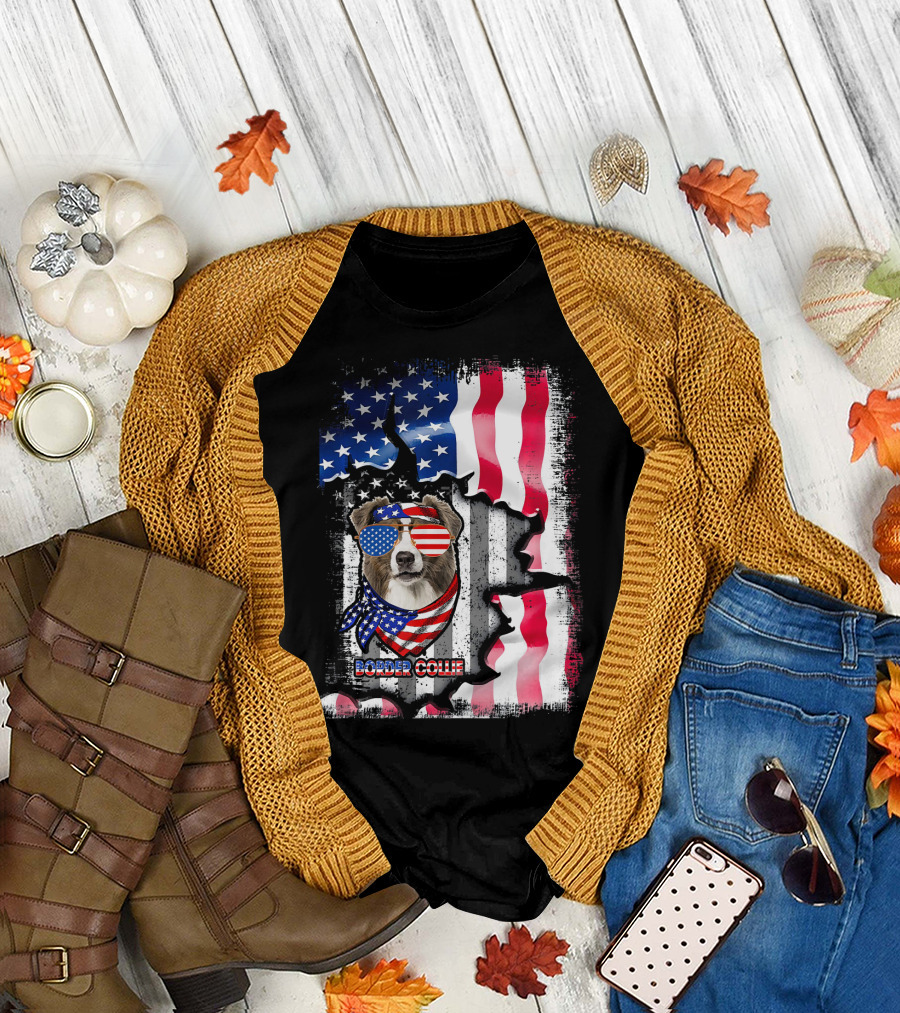 Border Collie American Flag Sunglasses Scarf T-Shirt