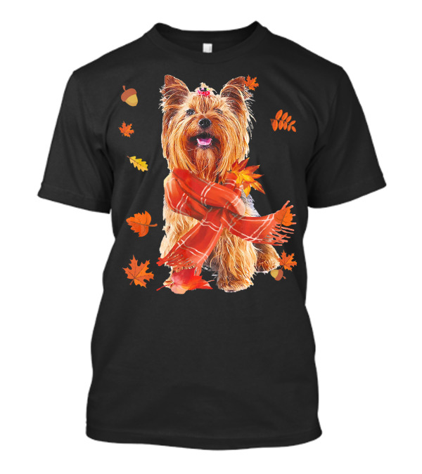 Cute Yorkshire Terrier Dog Autumn Leaves Scarf Acorn T-Shirt