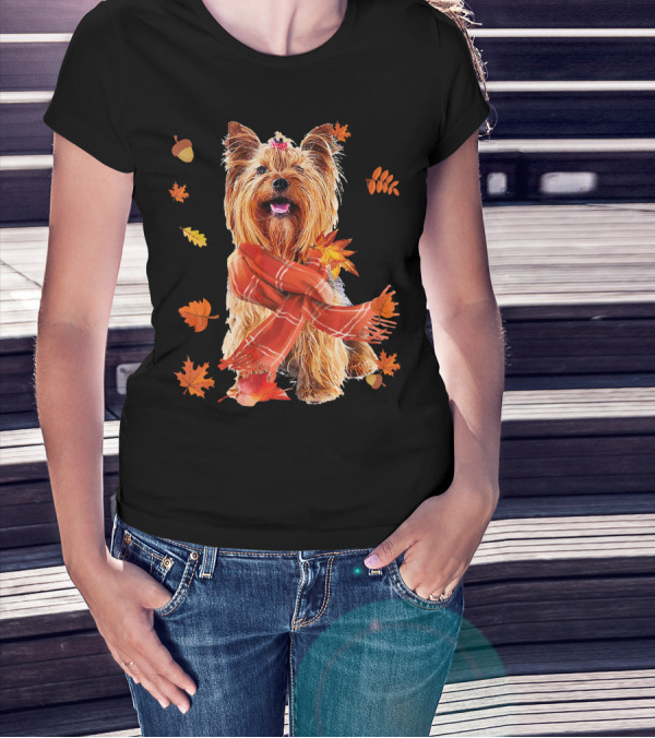 Cute Yorkshire Terrier Dog Autumn Leaves Scarf Acorn T-Shirt