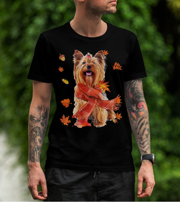 Cute Yorkshire Terrier Dog Autumn Leaves Scarf Acorn T-Shirt
