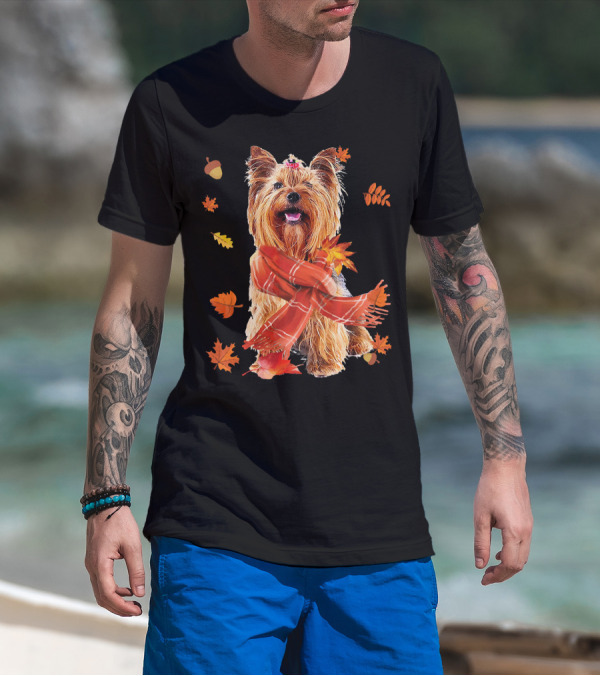 Cute Yorkshire Terrier Dog Autumn Leaves Scarf Acorn T-Shirt