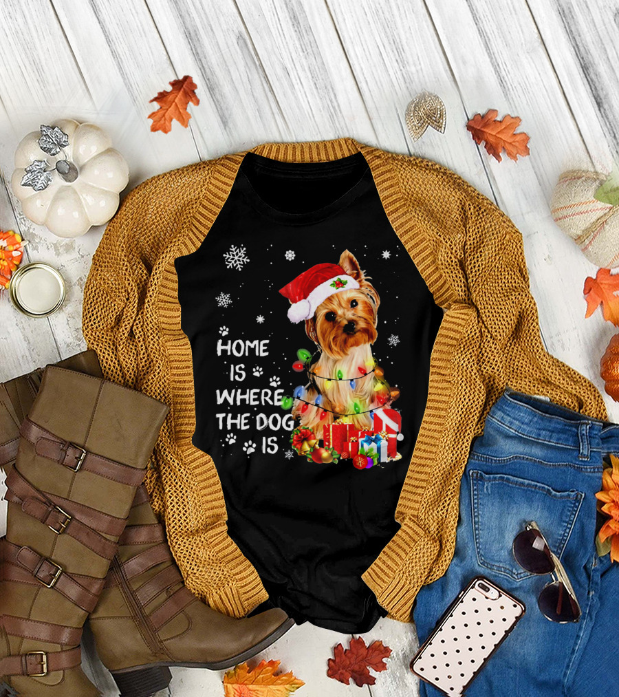 Home Is Where The Dog Is Christmas Lights Yorkie T-Shirt