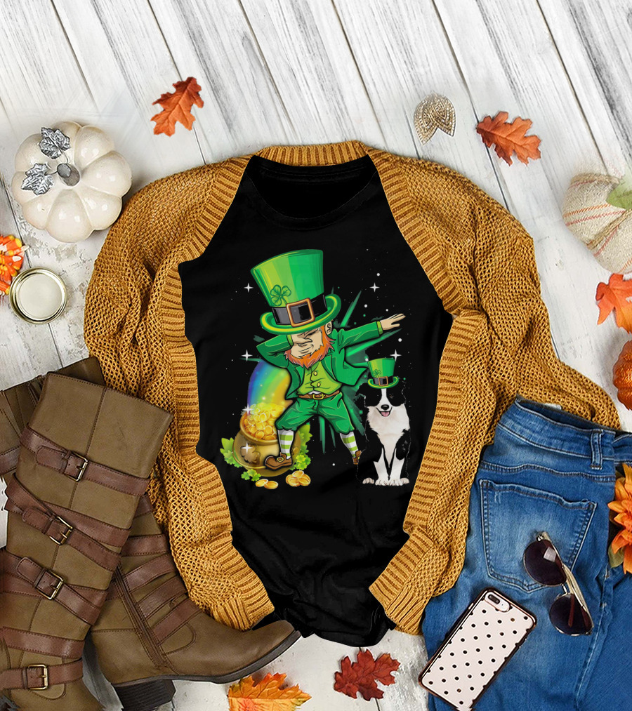 Dabechaun Border Collie Leprechaun Green Gold Pot Rainbow T-Shirt