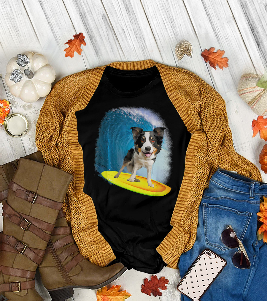 Big Headed Border Collie Riding Wave on Surfboard Scene T-Shirt