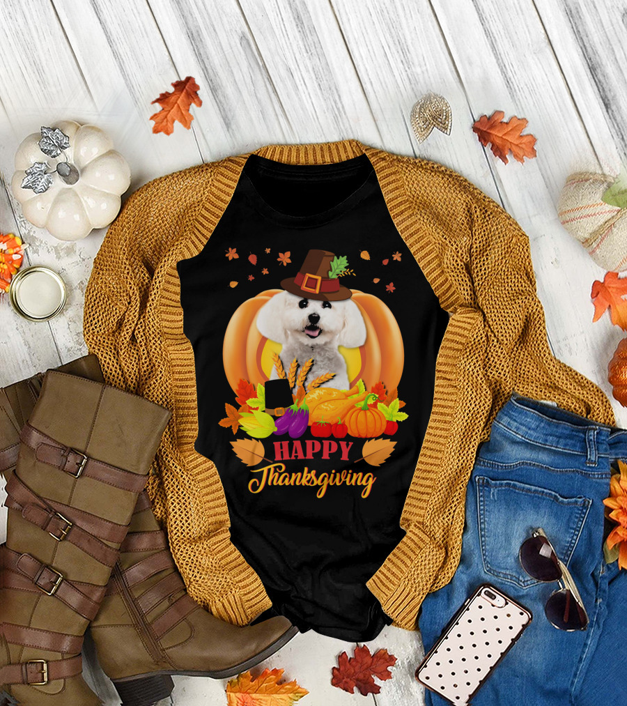 Happy Thanksgiving Bichon Frise with Hat and Harvest Elements T-Shirt