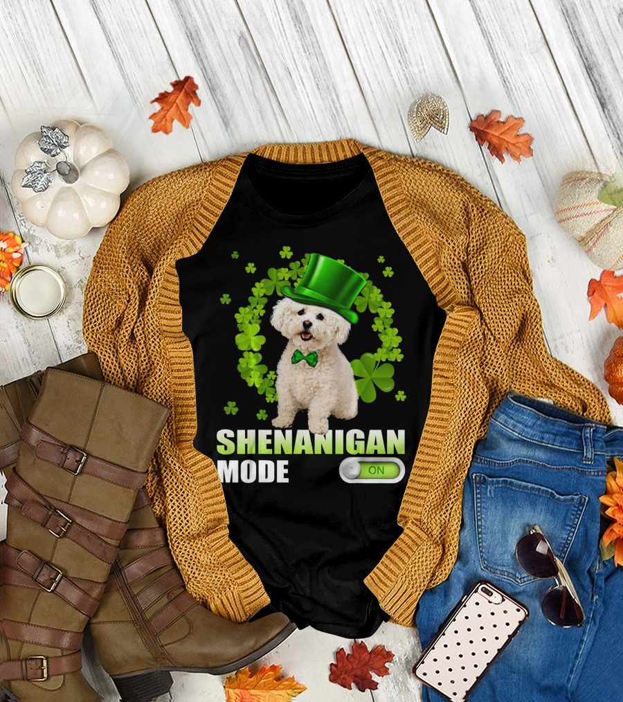 Shenanigan Mode Bichon Frise Clover Top Hat On T-Shirt