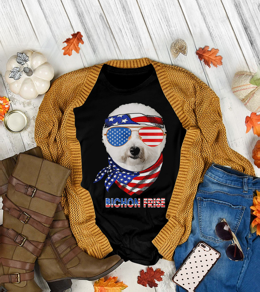 Bichon Frise American Flag Bandana and Sunglasses T-Shirt