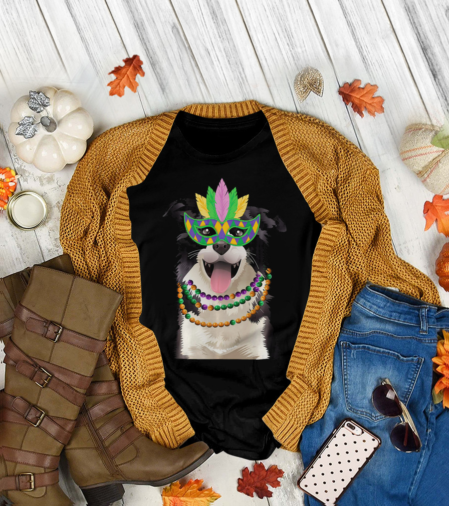 Border Collie in Mardi Gras Mask with Beads T-Shirt