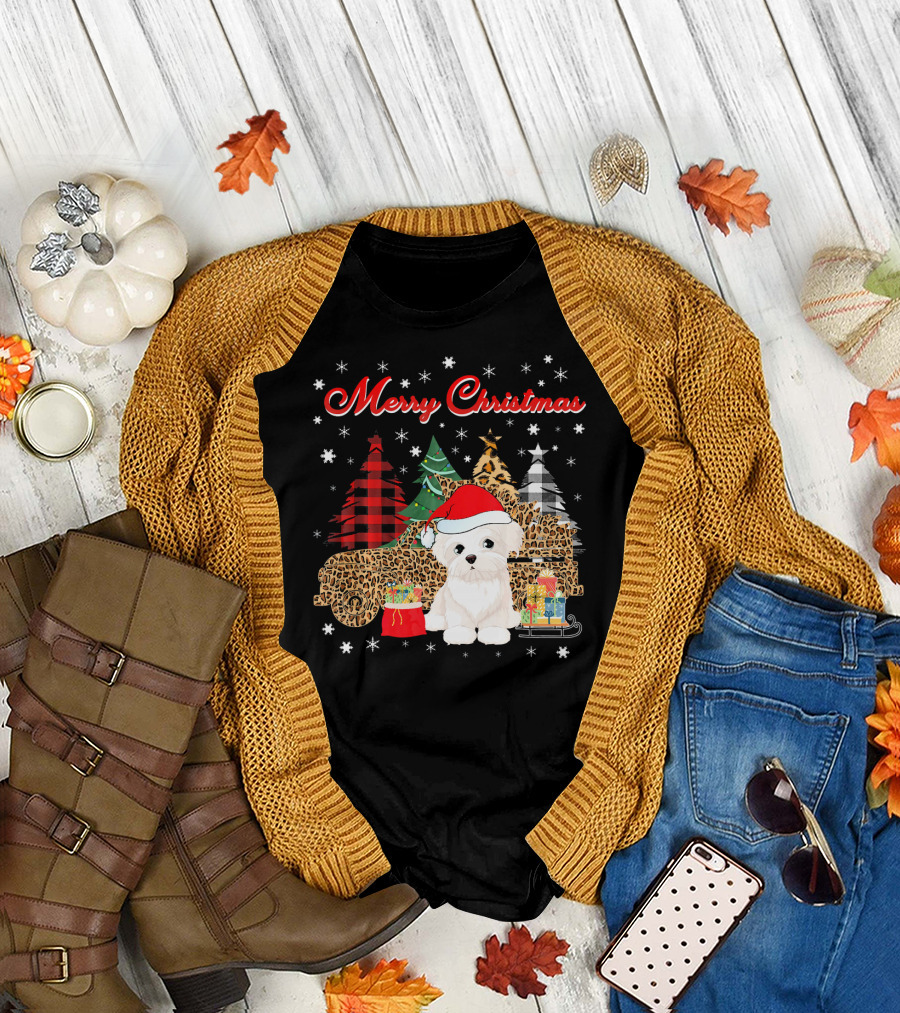 Merry Christmas Bichon Frise Santa Leopard Plaid Tree Truck Snowflakes T-Shirt