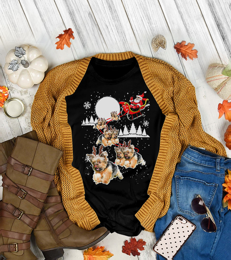 Santa Yorkie Sled with Reindeer Yorkies Pulling Santa's Sleigh T-Shirt