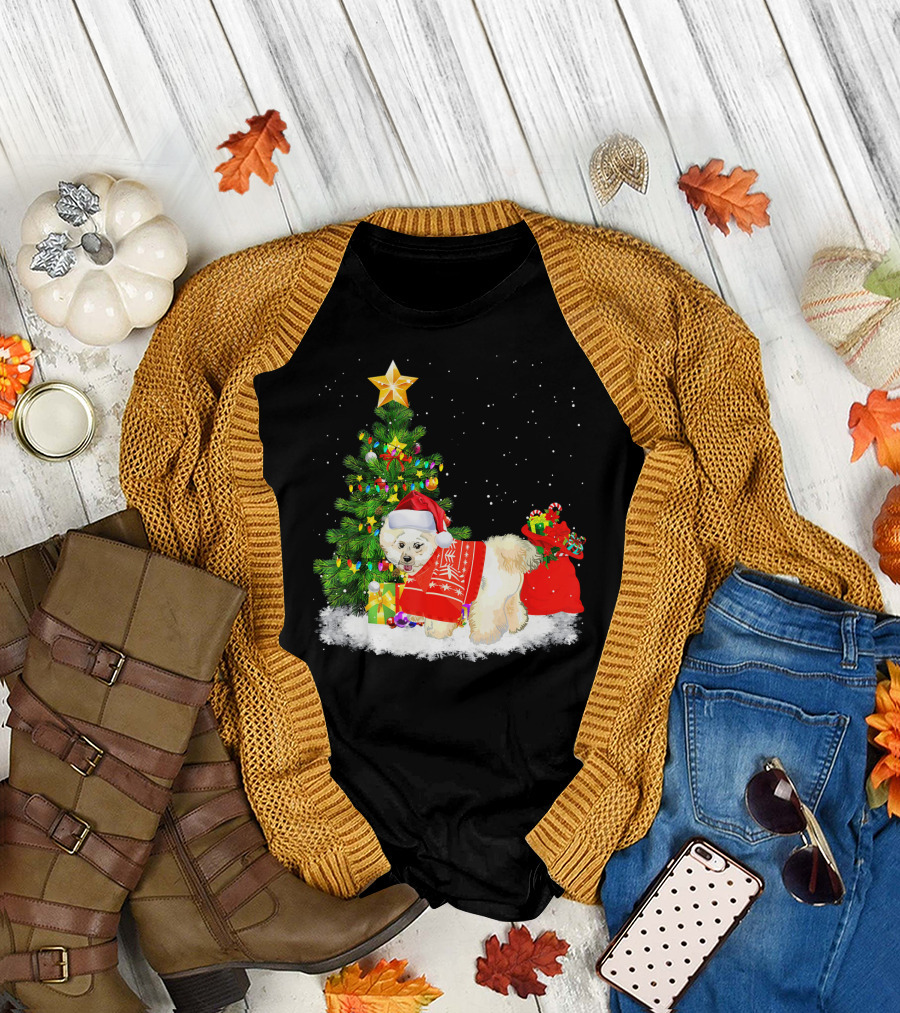 Bichon Frise Dog Christmas Tree Santa Hat Holiday Scene T-Shirt