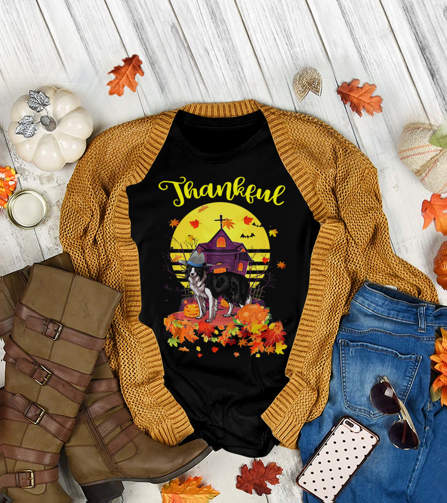 Thankful Border Collie Dog in Pilgrim Hat with Halloween Pumpkin and Autumn Leaves T-Shirt