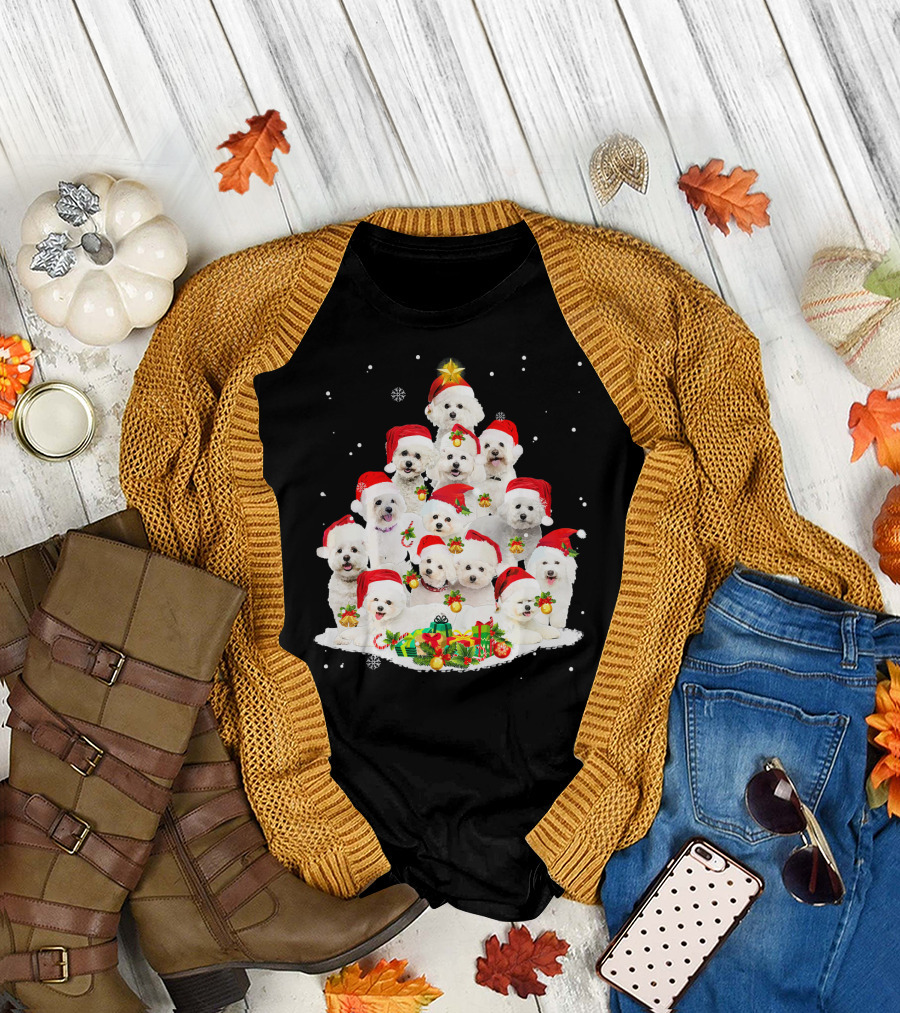 Bichon Frise Puppies with Santa Hats and Christmas Ornaments T-Shirt
