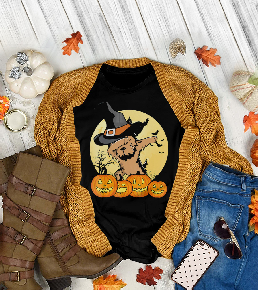 Halloween Dabbing Yorkshire Terrier with Witch Hat and Pumpkins T-Shirt