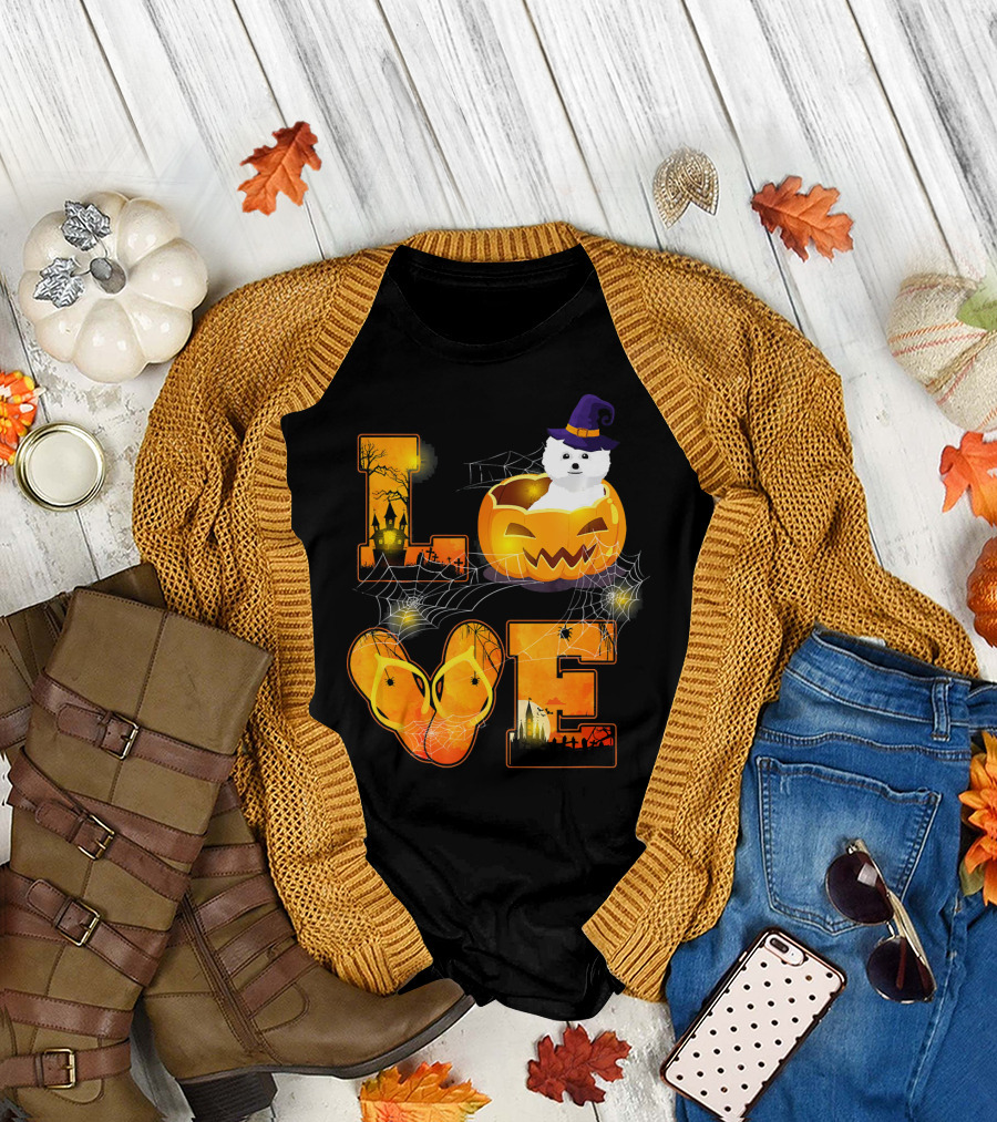 Love Bichon Frise Halloween Pumpkin Witch Hat Spider Webs T-Shirt