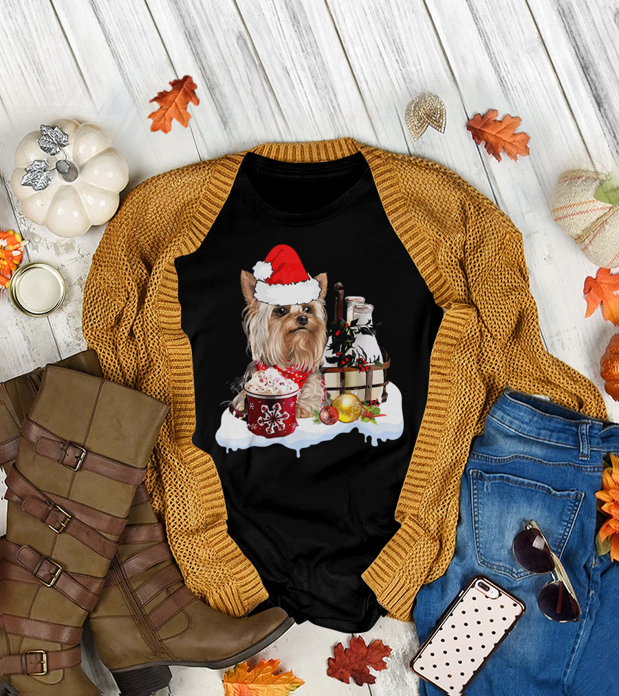 Cute Yorkshire Terrier with Santa Hat Christmas Hot Cocoa Milk and Ornaments T-Shirt