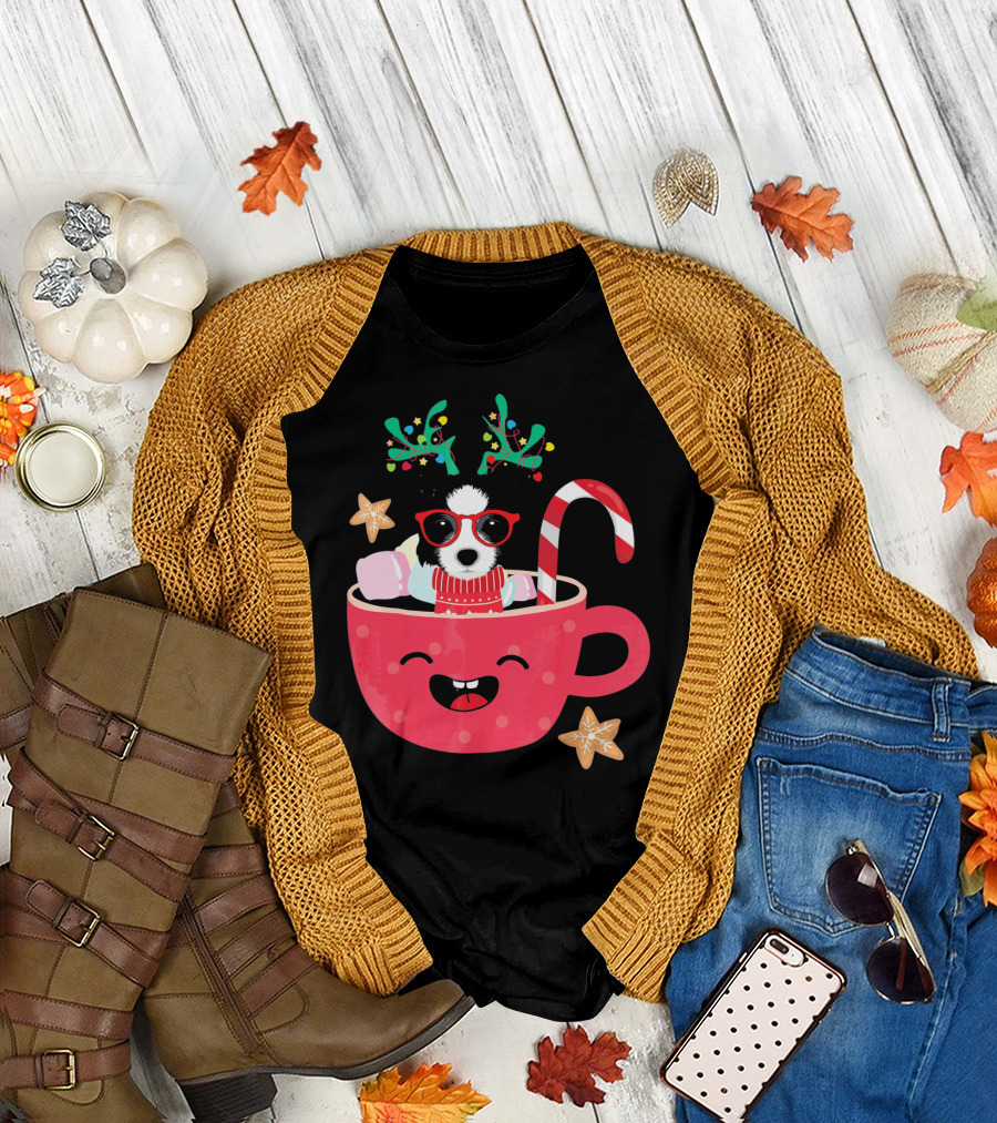 Border Collie in Festive Teacup with Candy Cane and Holiday Antlers T-Shirt