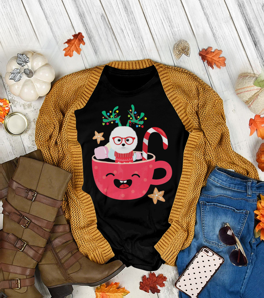 Bichon Frise Teacup Christmas Holiday with Candy Cane and Gingerbread Cookies T-Shirt