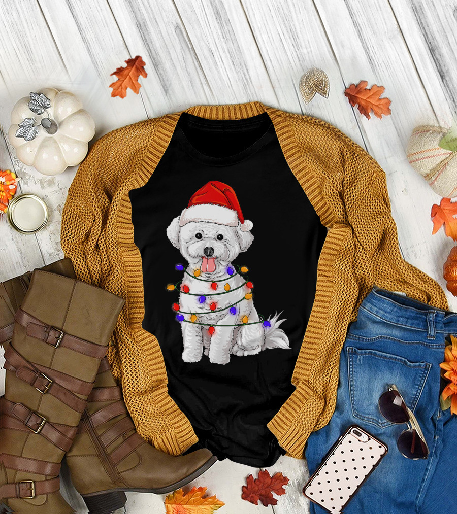 Bichon Frise with Santa Hat and Christmas Lights T-Shirt